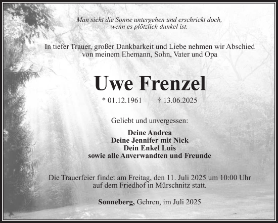 Traueranzeige von Uwe Frenzel von Südthüringer Presse