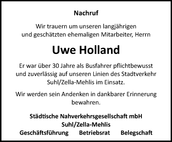 Traueranzeige von Uwe Holland von Südthüringer Presse