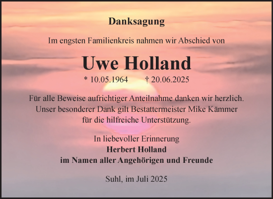 Traueranzeige von Uwe Holland von Südthüringer Presse