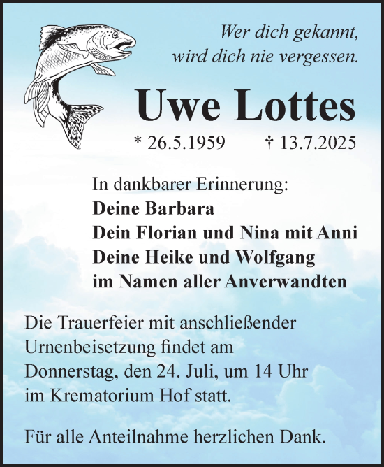 Traueranzeige von Uwe Lottes von Südthüringer Presse