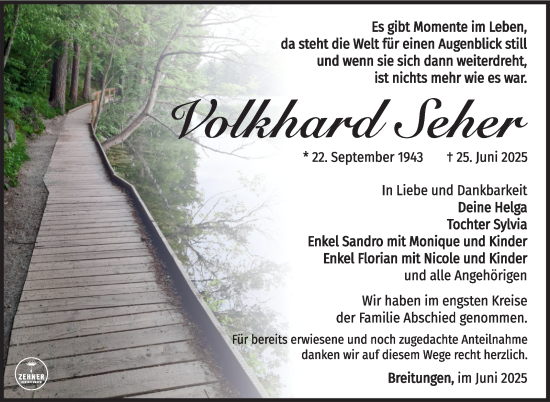 Traueranzeige von Volkhard Seher von Südthüringer Presse