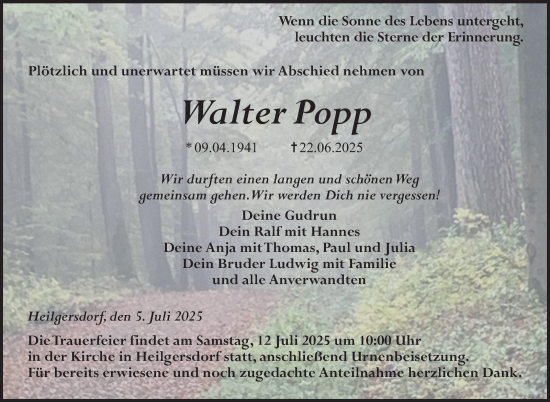 Traueranzeige von Walter Popp von Neue Presse Coburg