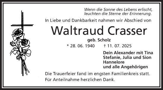 Traueranzeige von Waltraud Crasser von Frankenpost