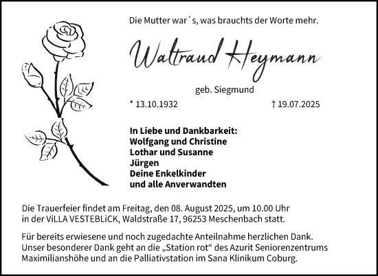 Traueranzeige von Waltraud Heymann von Neue Presse Coburg