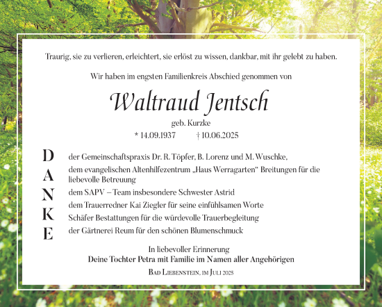 Traueranzeige von Waltraud Jentsch von Südthüringer Presse