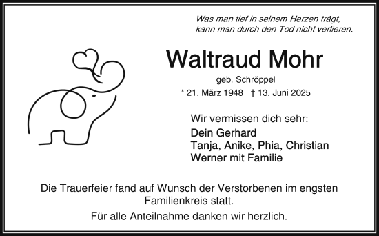 Traueranzeige von Waltraud Mohr von Frankenpost