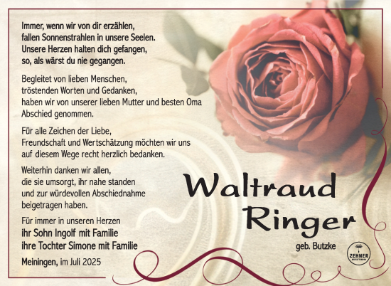 Traueranzeige von Waltraud Ringer von Südthüringer Presse