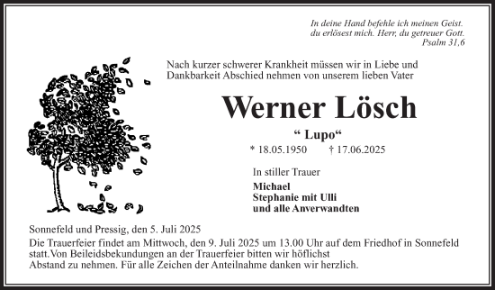 Traueranzeige von Werner Lösch von Neue Presse Coburg