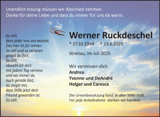 Traueranzeige von Werner Ruckdeschel von Frankenpost