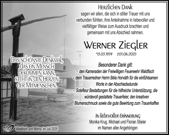 Traueranzeige von Werner Ziegler von Südthüringer Presse