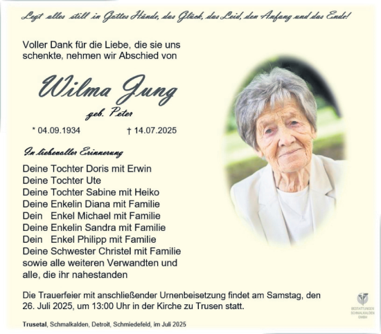Traueranzeige von Wilma Jung von Südthüringer Presse