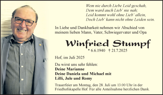 Traueranzeige von Winfried Stumpf von Frankenpost