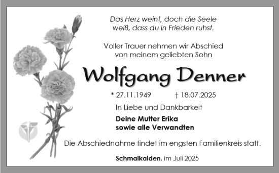 Traueranzeige von Wolfgang Denner von Südthüringer Presse
