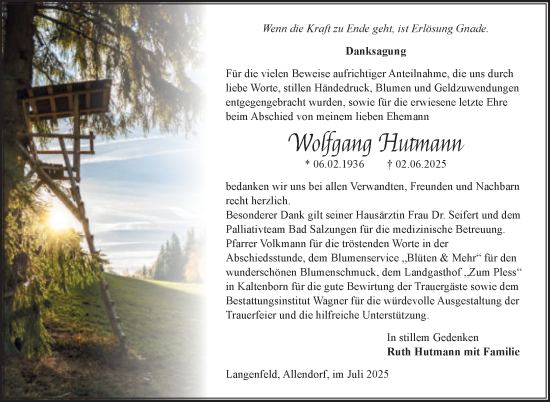 Traueranzeige von Wolfgang Hutmann von Südthüringer Presse