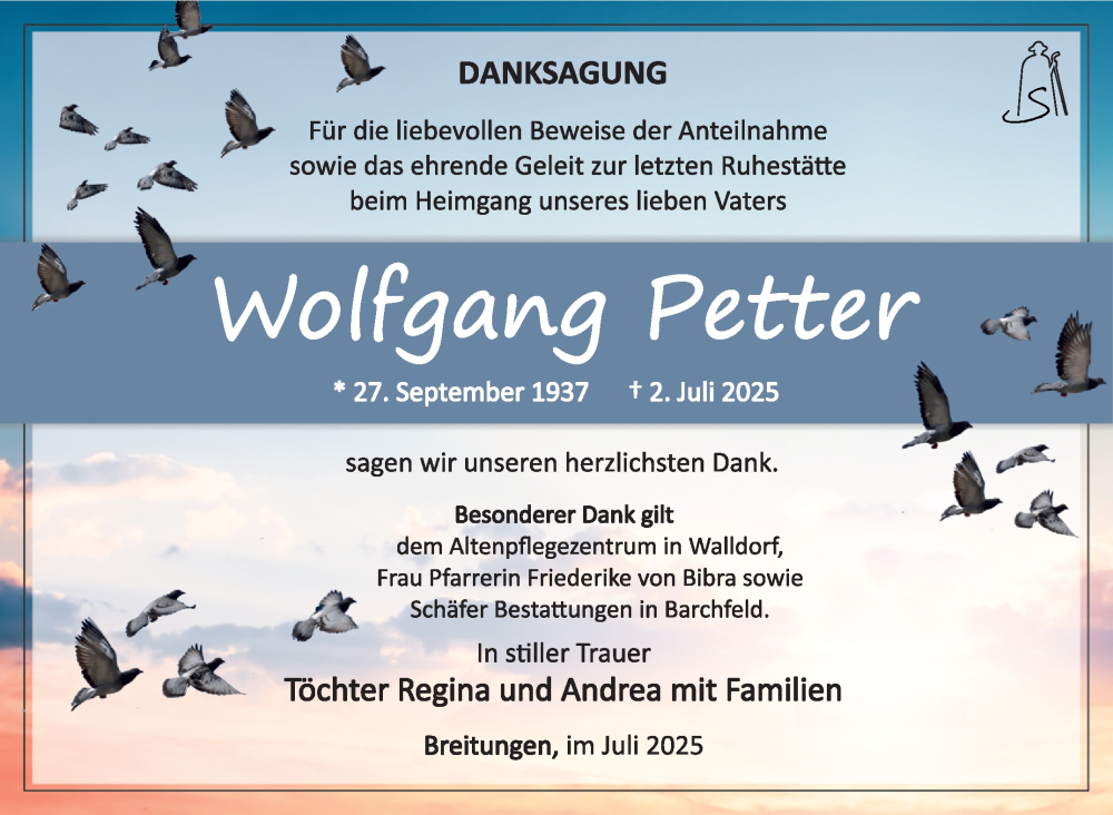  Traueranzeige für Wolfgang Petter vom 18.07.2025 aus Südthüringer Presse