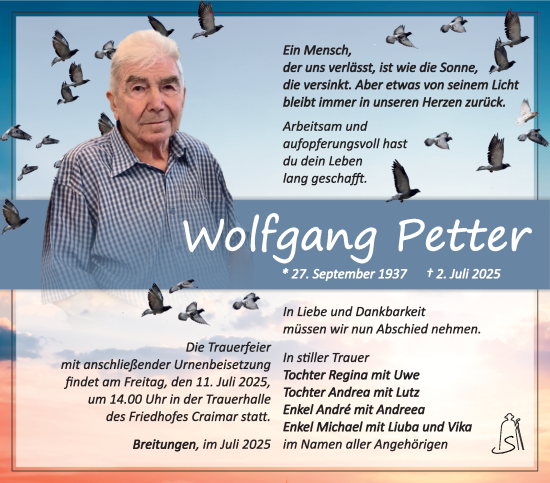 Traueranzeige von Wolfgang Petter von Südthüringer Presse