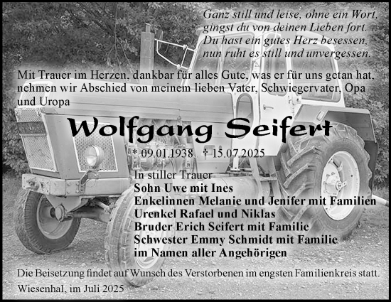 Traueranzeige von Wolfgang Seifert von Südthüringer Presse
