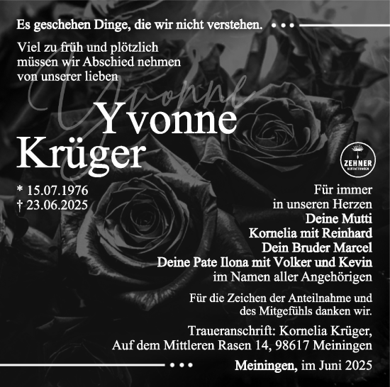 Traueranzeige von Yvonne Krüger von Südthüringer Presse
