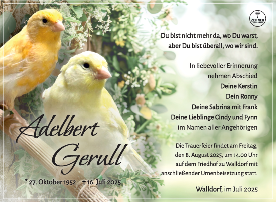 Traueranzeige von Adelbert Gerull von Südthüringer Presse