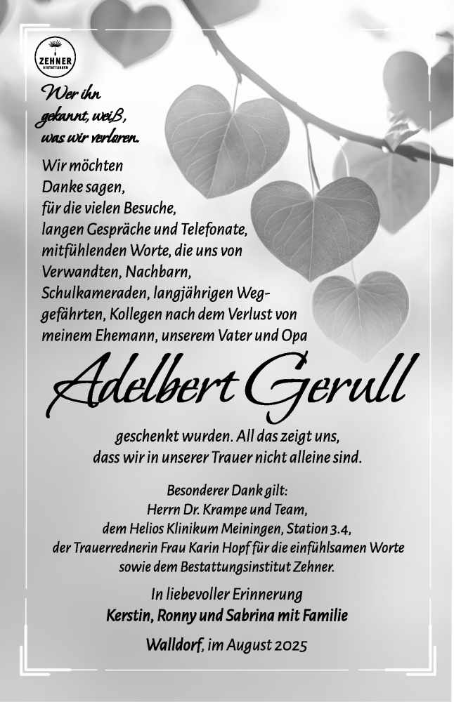  Traueranzeige für Adelbert Gerull vom 30.08.2025 aus Südthüringer Presse