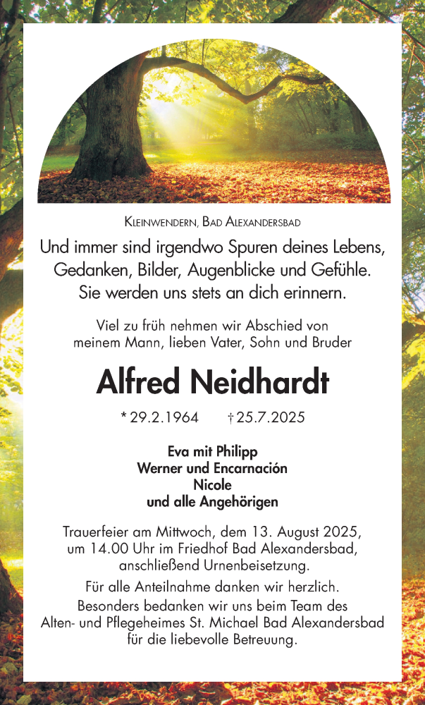  Traueranzeige für Alfred Neidhardt vom 09.08.2025 aus Frankenpost