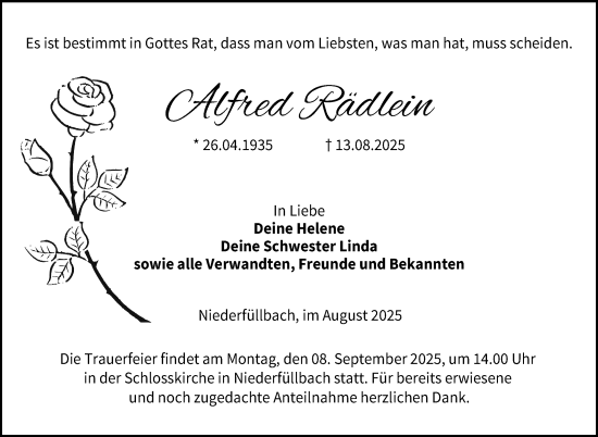 Traueranzeige von Alfred Rädlein von Neue Presse Coburg