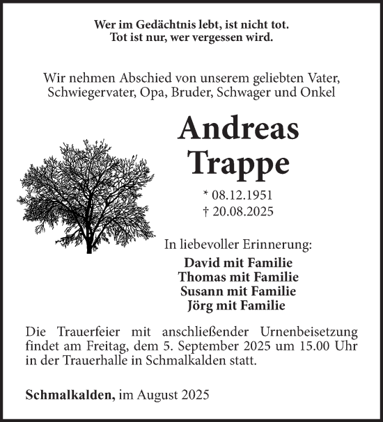 Traueranzeige von Andreas Trappe von Südthüringer Presse