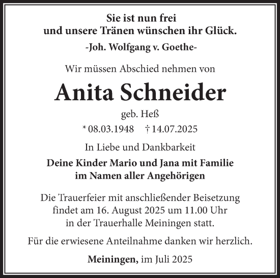 Traueranzeige von Anita Schneider von Südthüringer Presse