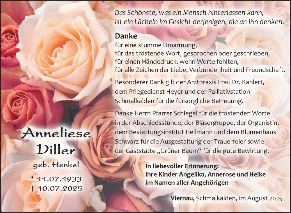  Traueranzeige für Anneliese Diller vom 02.08.2025 aus Südthüringer Presse