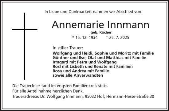 Traueranzeige von Annemarie Innmann von Frankenpost