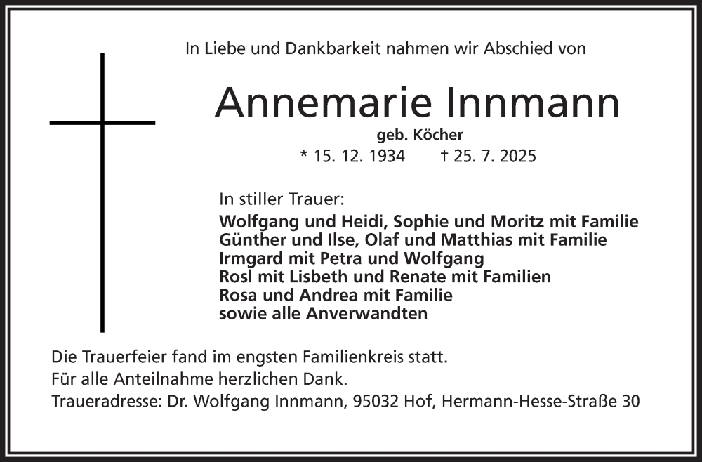  Traueranzeige für Annemarie Innmann vom 16.08.2025 aus Frankenpost
