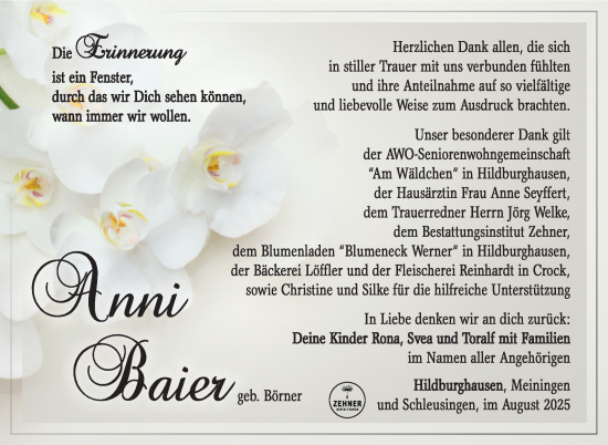 Traueranzeige von Anni Baier von Südthüringer Presse