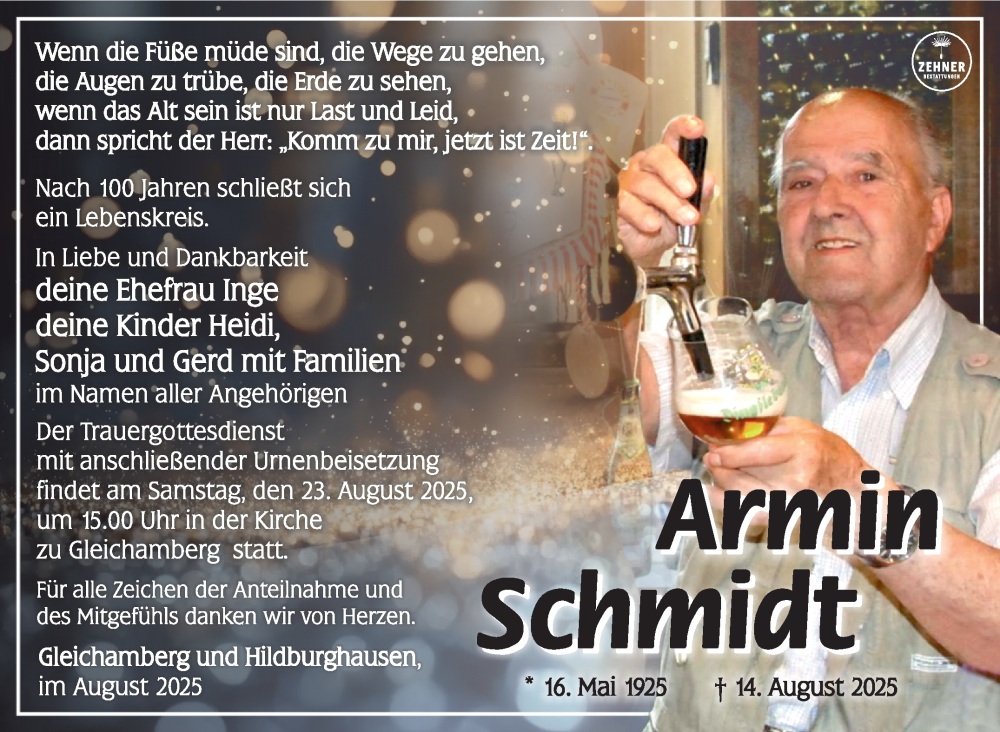  Traueranzeige für Armin Schmidt vom 21.08.2025 aus Südthüringer Presse