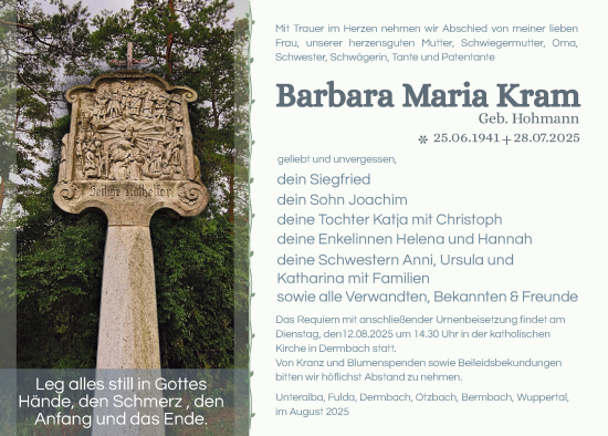Traueranzeige von Barbara Maria Kram von Südthüringer Presse