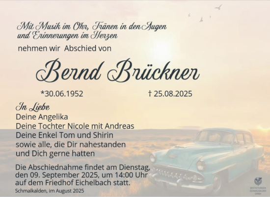 Traueranzeige von Bernd Brückner von Südthüringer Presse