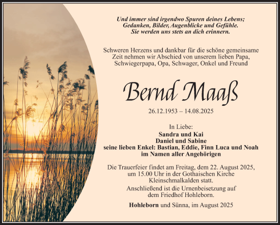 Traueranzeige von Bernd Maaß von Südthüringer Presse