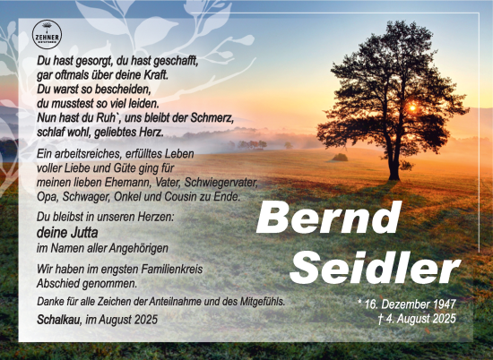 Traueranzeige von Bernd Seidler von Südthüringer Presse