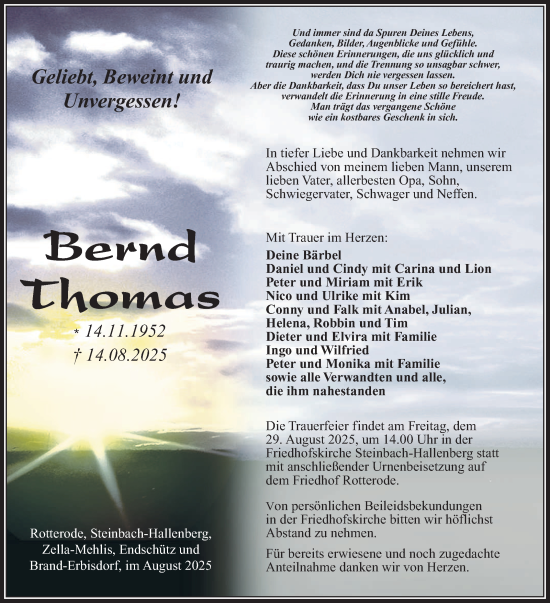 Traueranzeige von Bernd Thomas von Südthüringer Presse