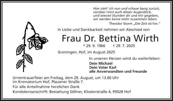 Traueranzeige von Bettina Wirth von Frankenpost