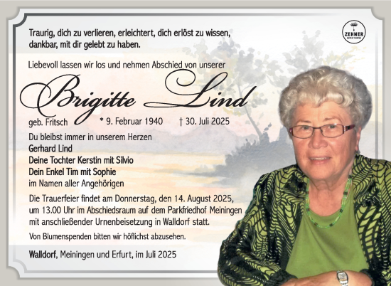 Traueranzeige von Brigitte Lind von Südthüringer Presse