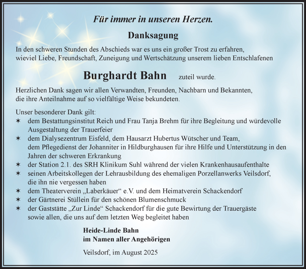  Traueranzeige für Burghardt Bahn vom 09.08.2025 aus Südthüringer Presse