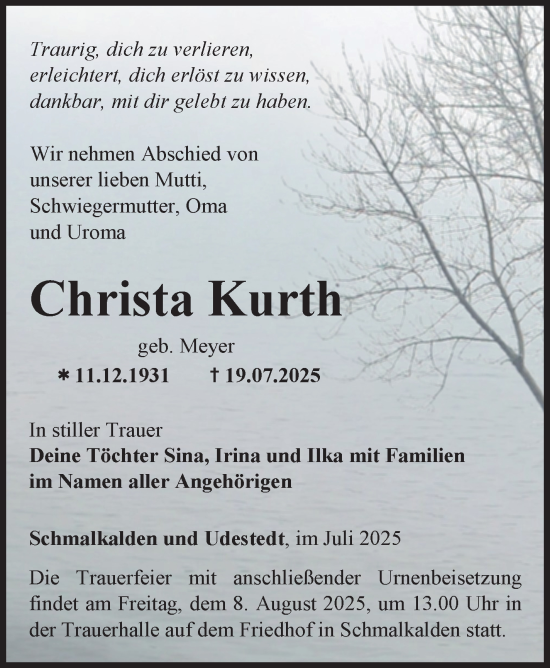 Traueranzeige von Christa Kurth von Südthüringer Presse