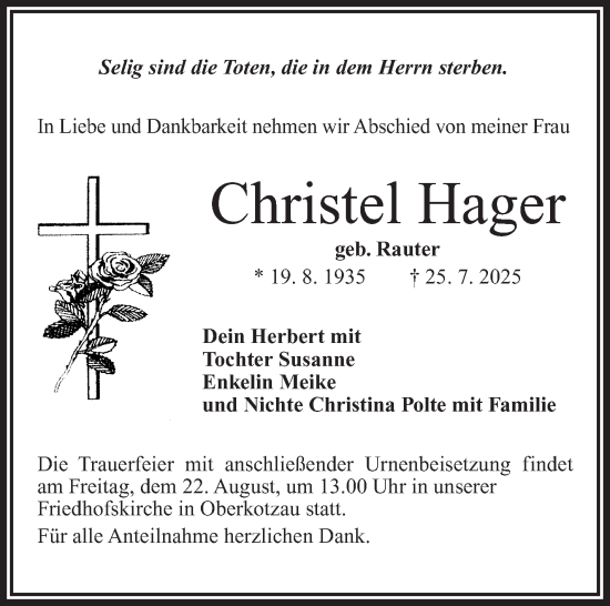 Traueranzeige von Christel Hager von Frankenpost