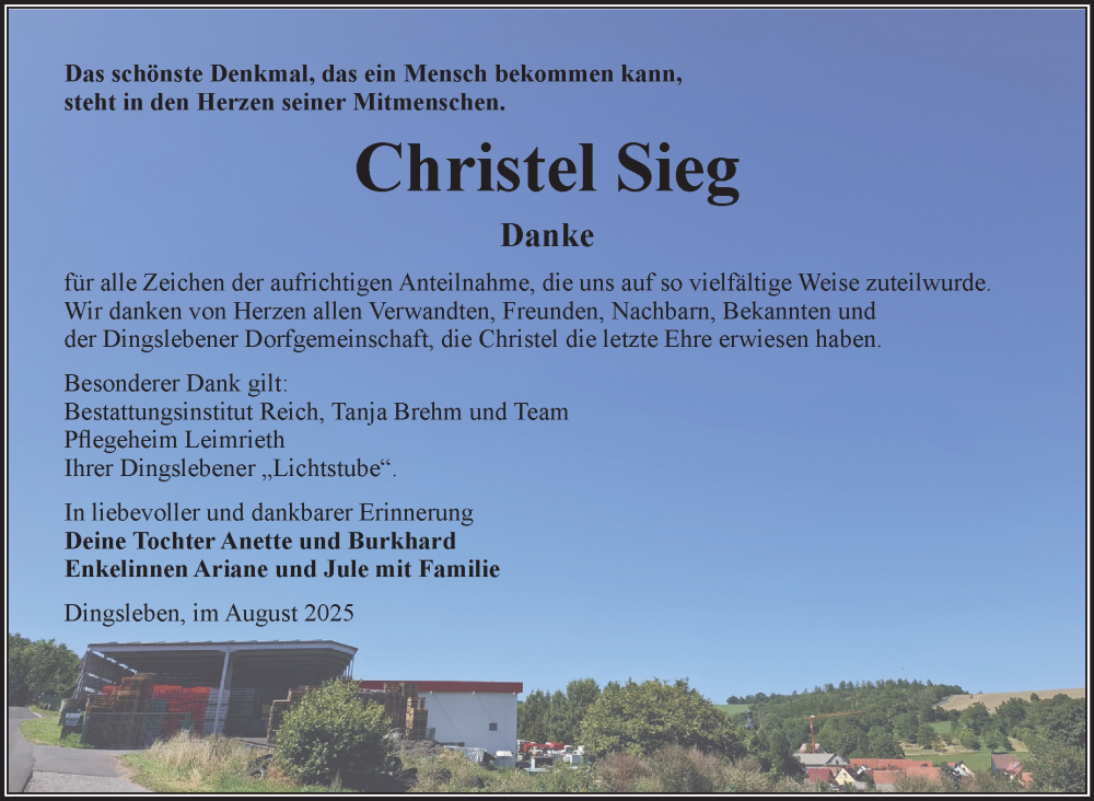  Traueranzeige für Christel Sieg vom 16.08.2025 aus Südthüringer Presse