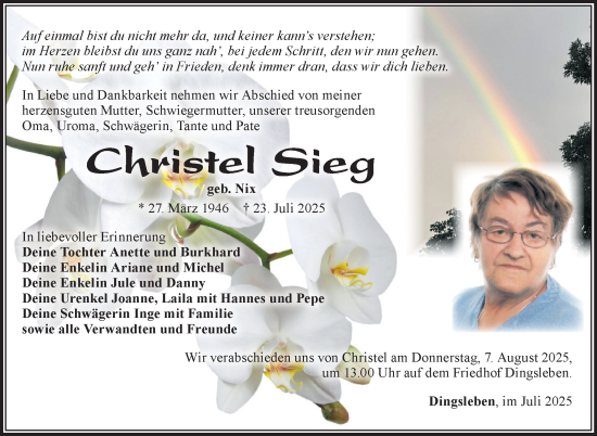 Traueranzeige von Christel Sieg von Südthüringer Presse