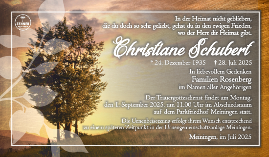 Traueranzeige von Christiane Schubert von Südthüringer Presse