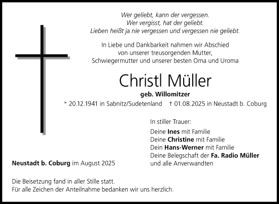 Traueranzeige von Christl Müller von Neue Presse Coburg