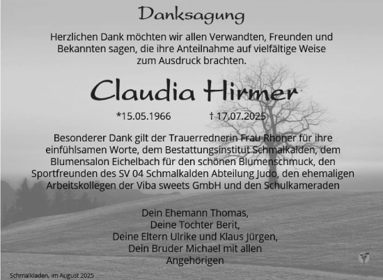 Traueranzeige von Claudia Hirmer von Südthüringer Presse