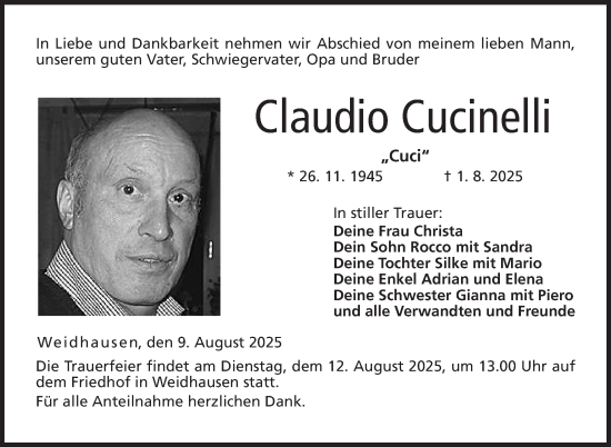 Traueranzeige von Claudio Cucinelli von Neue Presse Coburg