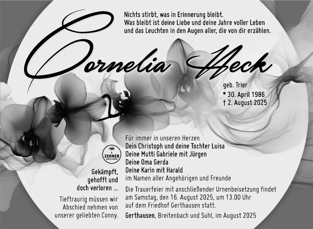  Traueranzeige für Cornelia Heck vom 09.08.2025 aus Südthüringer Presse